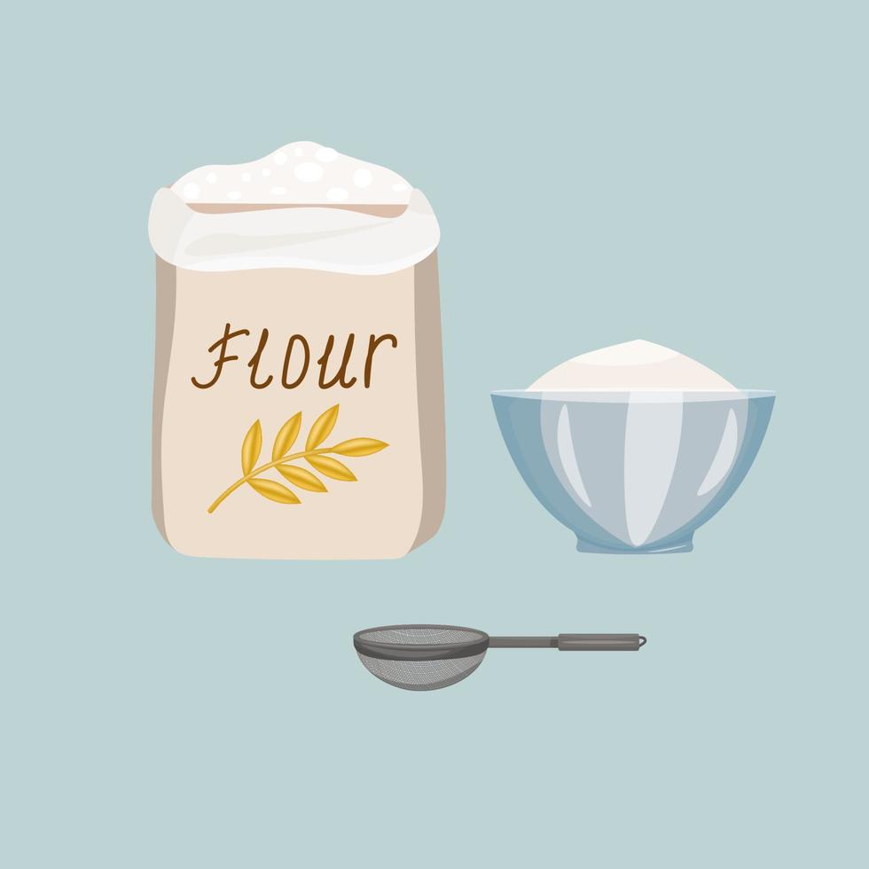 Flour in a paper bag, sifted flour in a bowl and a strainer. Vector illustration in cartoon flat style