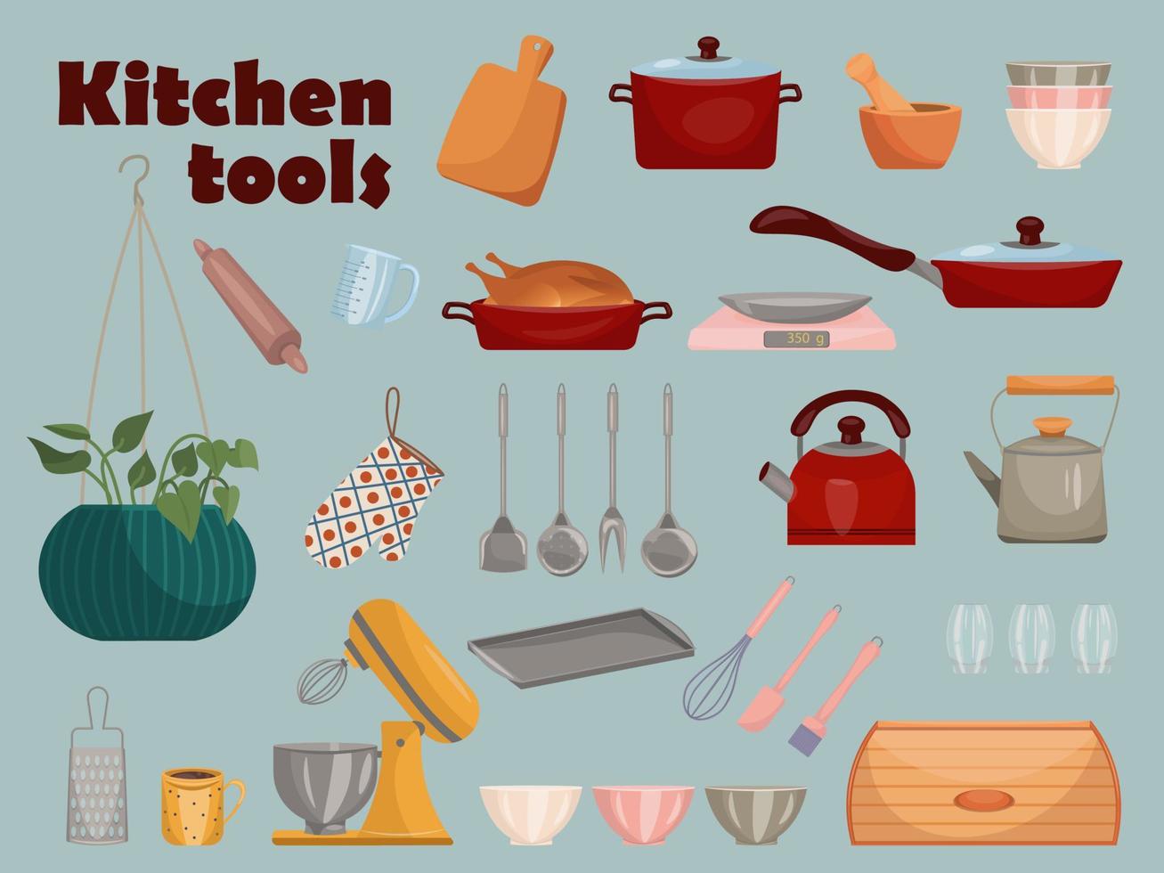 Set of vector kitchen equipments. Kitchen tools objects. Kitchen utensil design elements set. Vector illustration in cartoon style