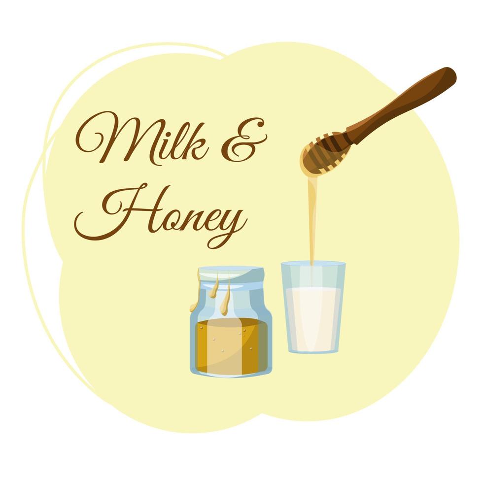 Milk and honey. A glass of milk, honey dipper and jar of honey on a yellow background. Vector illustration in flat cartoon style