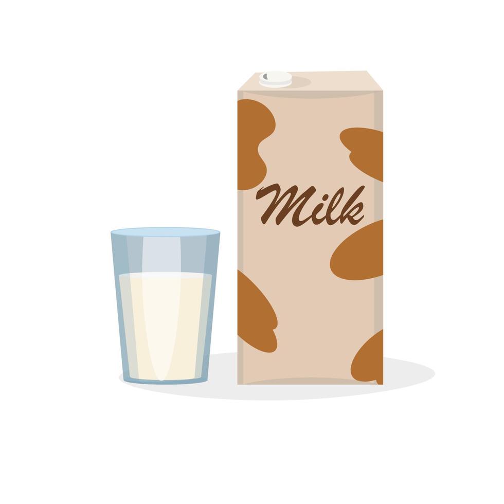 Milk packaging and a glass of milk on a white background. Vector illustration in flat cartoon style
