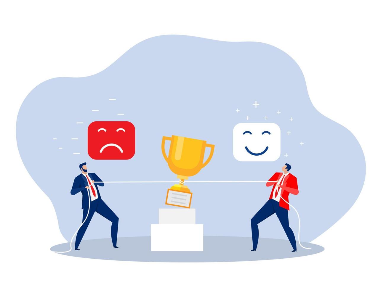 Two businessman pulling award as symbol of competition,  positive  opposite negative reaction concept vector Vector illustration in flat style.
