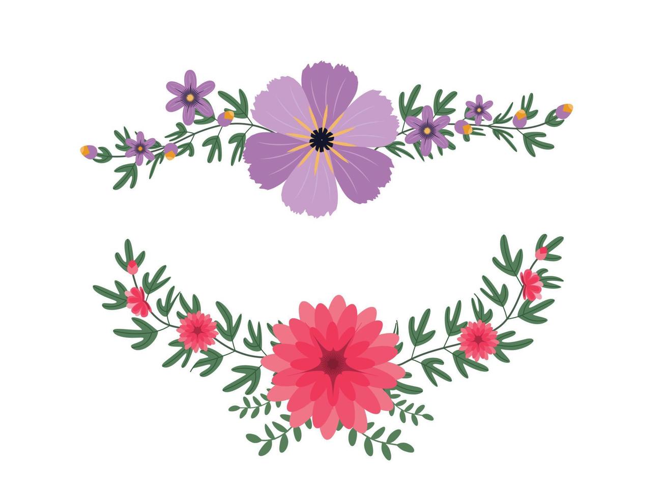 coloridas flores y hojas sobre fondo blanco. follaje de primavera para decoración floral. ilustrador vectorial vector