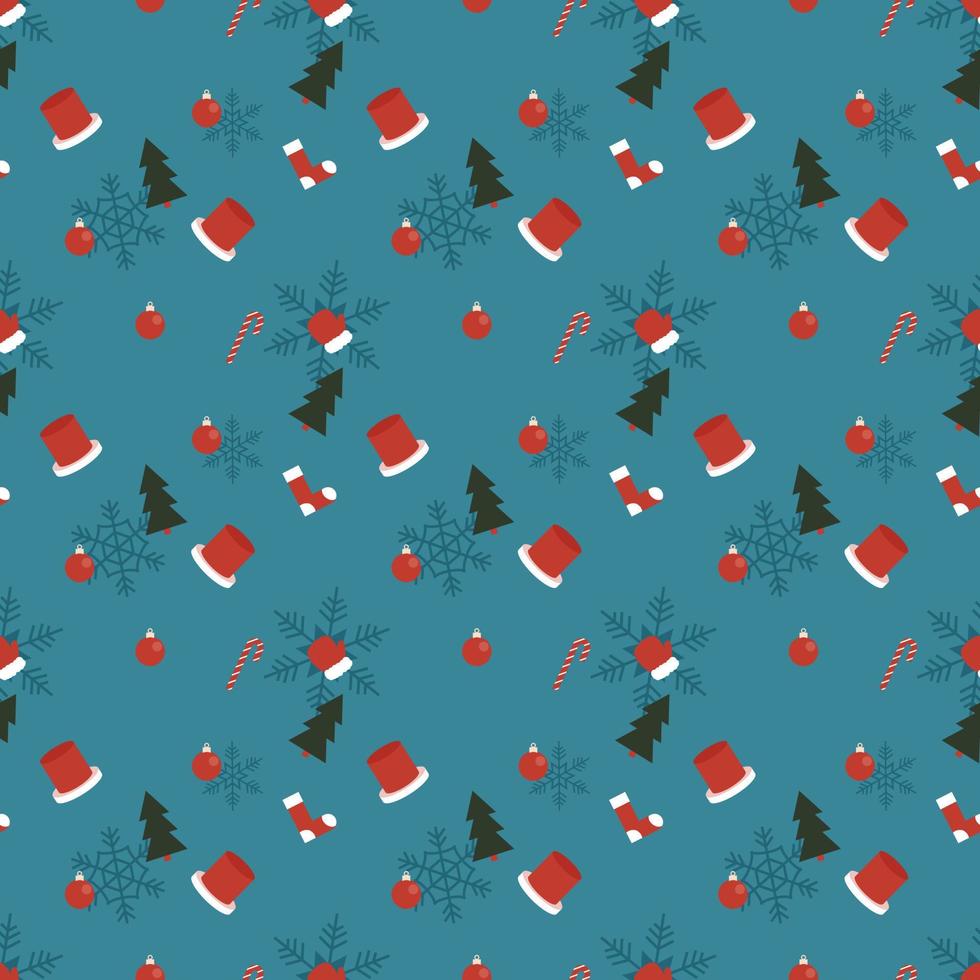 Hat, Christmas tree, decorative ball, glove, Candy cane, snowflake vector repeat pattern, Hand drawn Christmas repeat pattern for  background, wallpaper, gift wrapper, textile, packaging, banner.