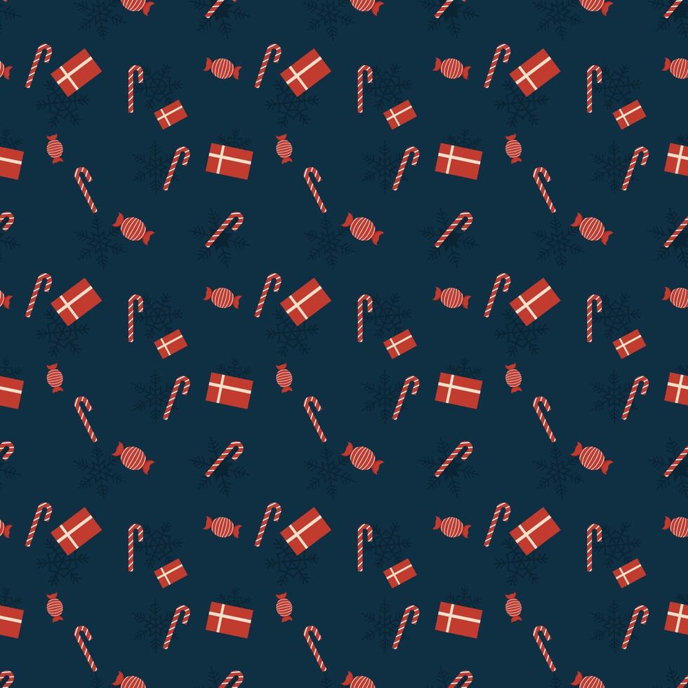Gift box, candy cane, candy and Snowflakes vector repeat pattern, Hand drawn Christmas repeat pattern for  background, wallpaper, gift wrapper, textile, packaging, banner.