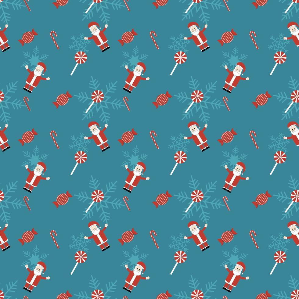 Papá Noel, bastón de caramelo, dulces y copos de nieve patrón de repetición de vector, patrón de repetición de Navidad dibujado a mano para fondo, papel tapiz, envoltorio de regalo, textil, embalaje, banner. vector