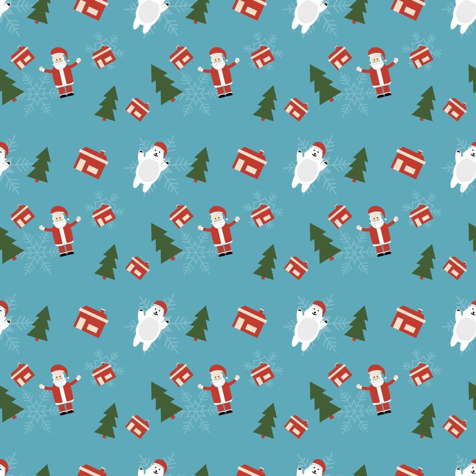 Santa Claus, polar bear, House, Christmas tree, snowflakes  vector repeat pattern, Hand drawn Christmas repeat pattern for  background, wallpaper, gift wrapper, textile, packaging, banner.