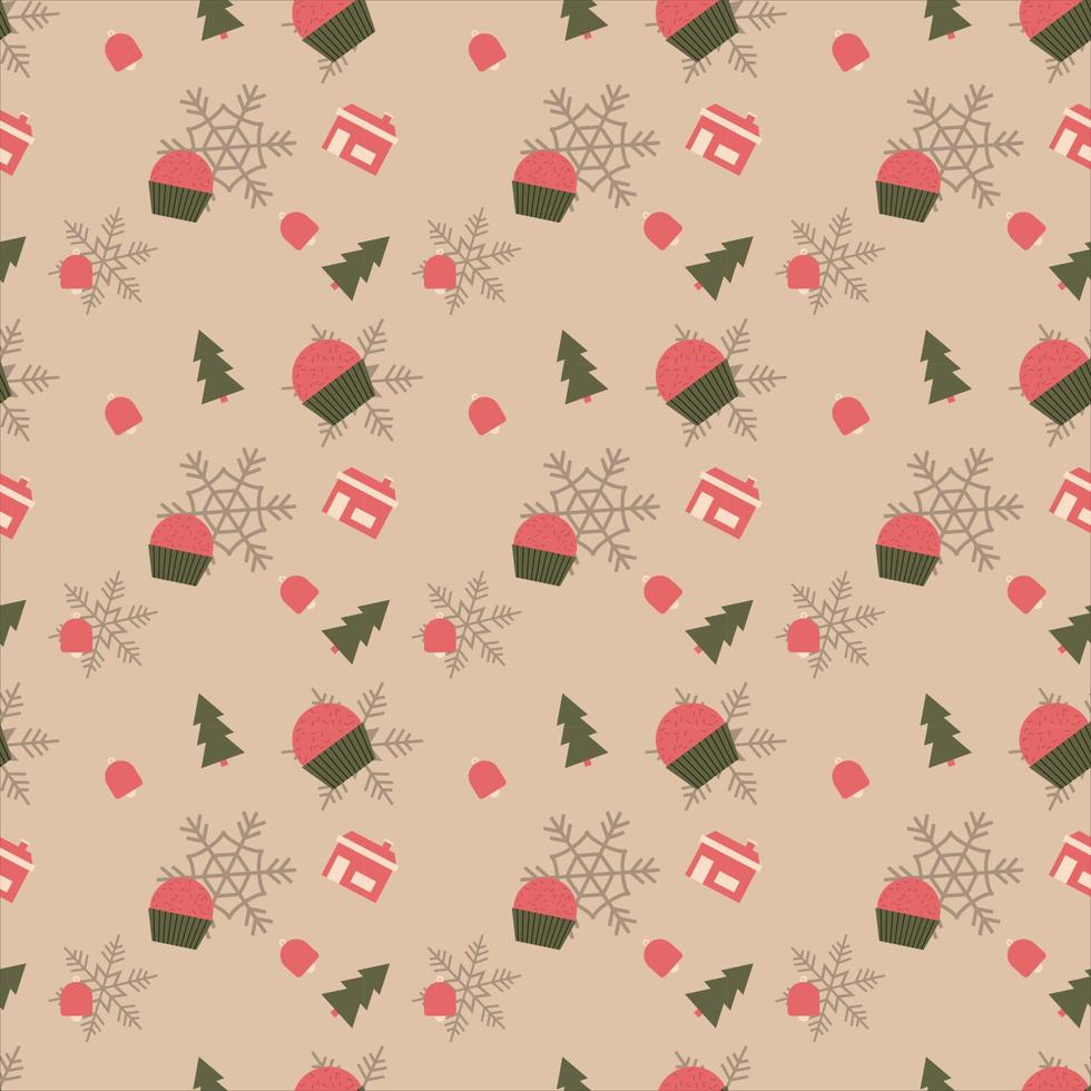 Cup cake, House, Bell, Christmas tree, snowflakes vector repeat pattern, Hand drawn Christmas repeat pattern for  background, wallpaper, gift wrapper, textile, packaging, banner.
