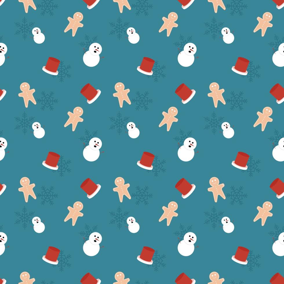 Hombre de pan de jengibre, muñeco de nieve, sombrero y copos de nieve patrón de repetición de vector, patrón de repetición de Navidad dibujado a mano para fondo, papel tapiz, envoltura de regalo, textil, embalaje, banner. vector