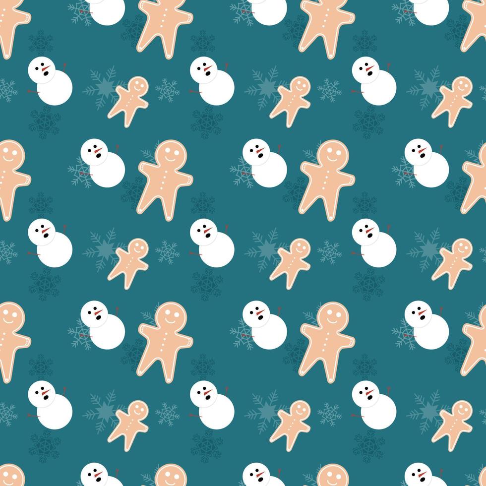 Ginger bread man, Snowman and Snowflakes vector repeat pattern, Hand drawn Christmas repeat pattern for  background, wallpaper, gift wrapper, textile, packaging, banner.