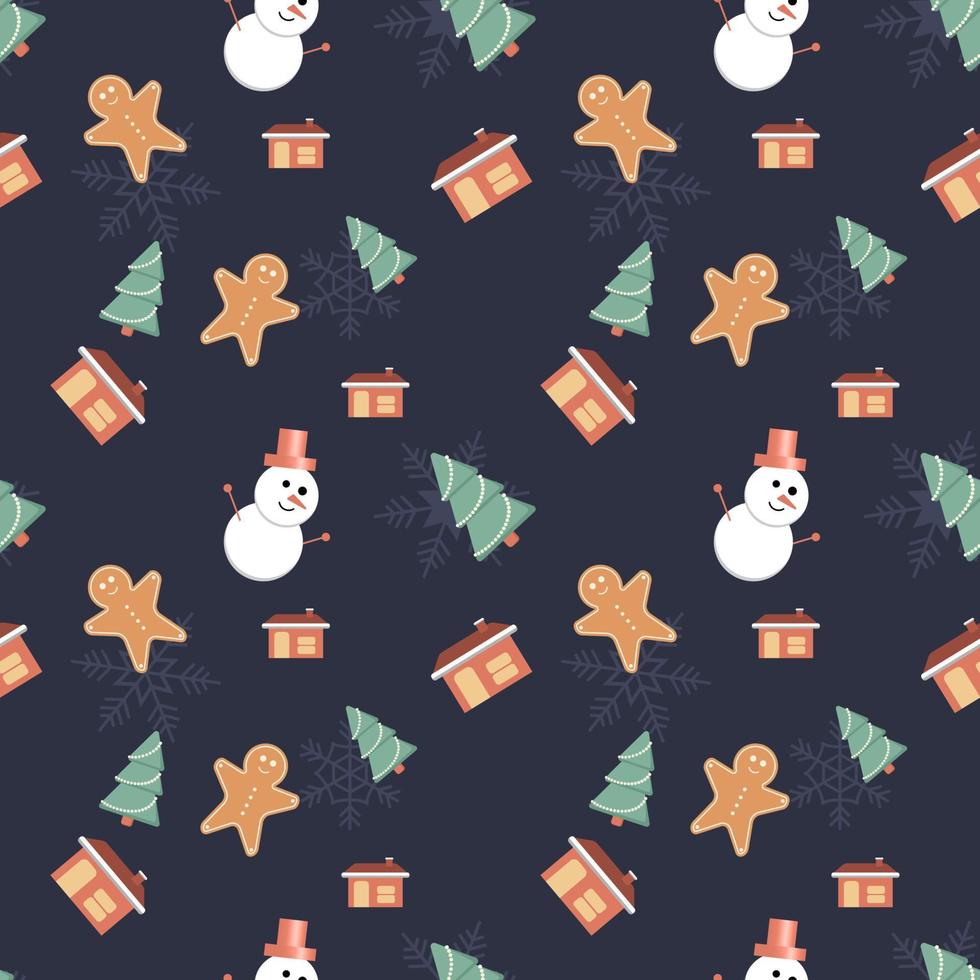 Christmas tree, snowman, house with chimney, gingerbread man, snowflake objects in rounded corner theme seamless pattern background. Best for winter holiday fabric, giftwrap, scrapbook, greeting cards vector