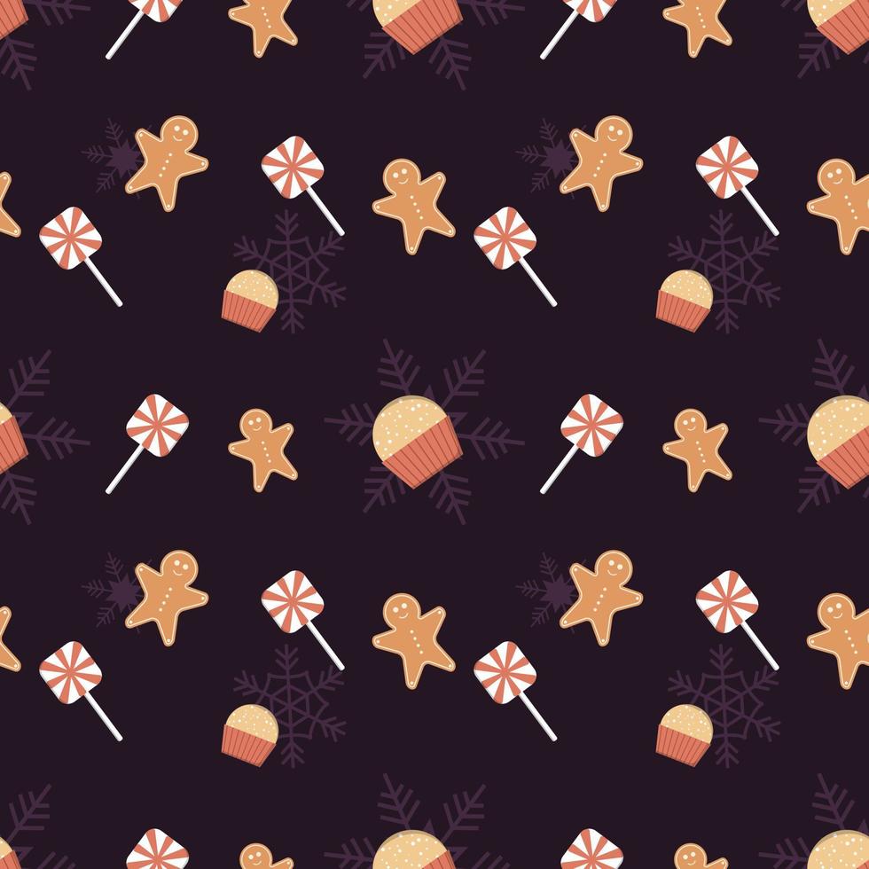 candy, gingerbread man, lollipop, cupcake and snowflake seamless pattern background. Best for winter holiday fabric, giftwrap, scrapbooking, greeting cards design projects. vector