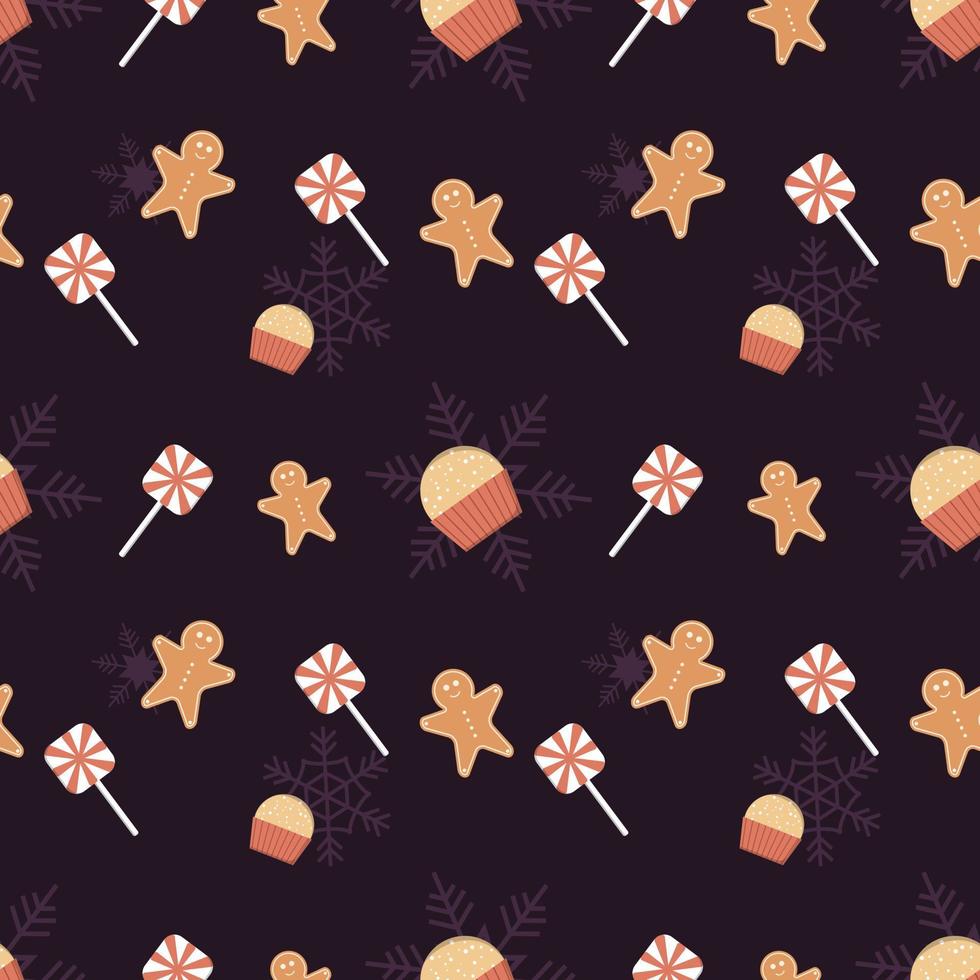 candy, gingerbread man, lollipop, cupcake and snowflake seamless pattern background. Best for winter holiday fabric, giftwrap, scrapbooking, greeting cards design projects. vector