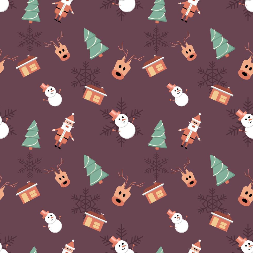 Santa Claus, snowman, deer head, house with chimney objects in rounded corner theme seamless pattern background. Best for winter holiday fabric, giftwrap, scrapbook, greeting cards design projects. vector