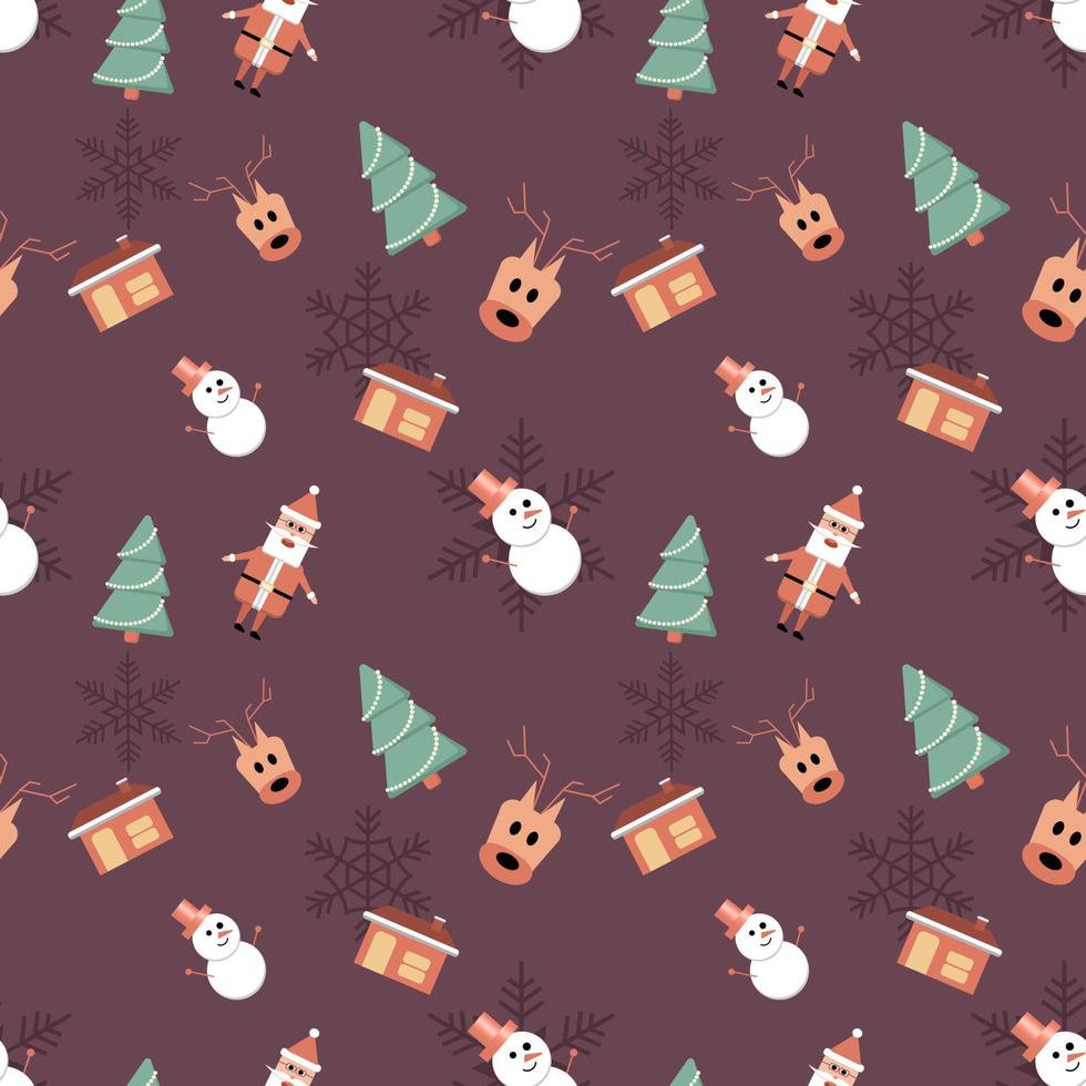 Santa Claus, snowman, deer head, house with chimney objects in rounded corner theme seamless pattern background. Best for winter holiday fabric, giftwrap, scrapbook, greeting cards design projects. vector