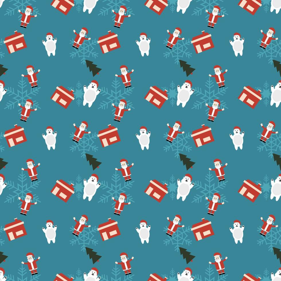 polar bear, house, christmas tree, snowflake vector repeat pattern, Hand drawn Christmas repeat pattern for  background, wallpaper, gift wrapper, textile, packaging, banner.
