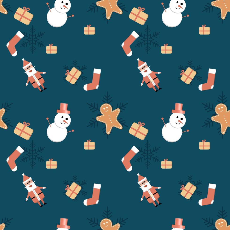 Gift box, Santa Claus, gingerbread man, snow man with hat  and snowflake seamless pattern background. Best for winter holiday fabric, giftwrap, scrapbooking, greeting cards design projects. vector