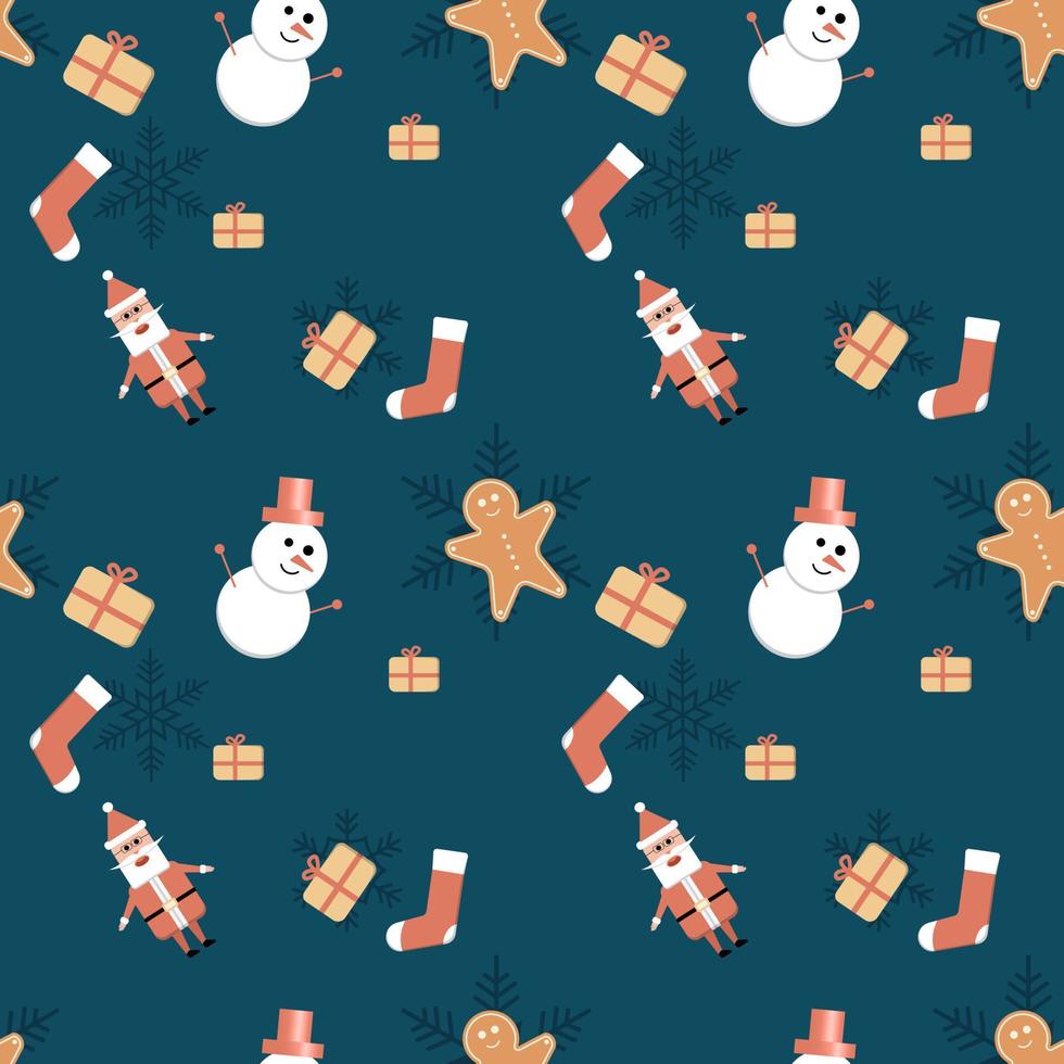 Gift box, Santa Claus, gingerbread man, snow man with hat  and snowflake seamless pattern background. Best for winter holiday fabric, giftwrap, scrapbooking, greeting cards design projects. vector