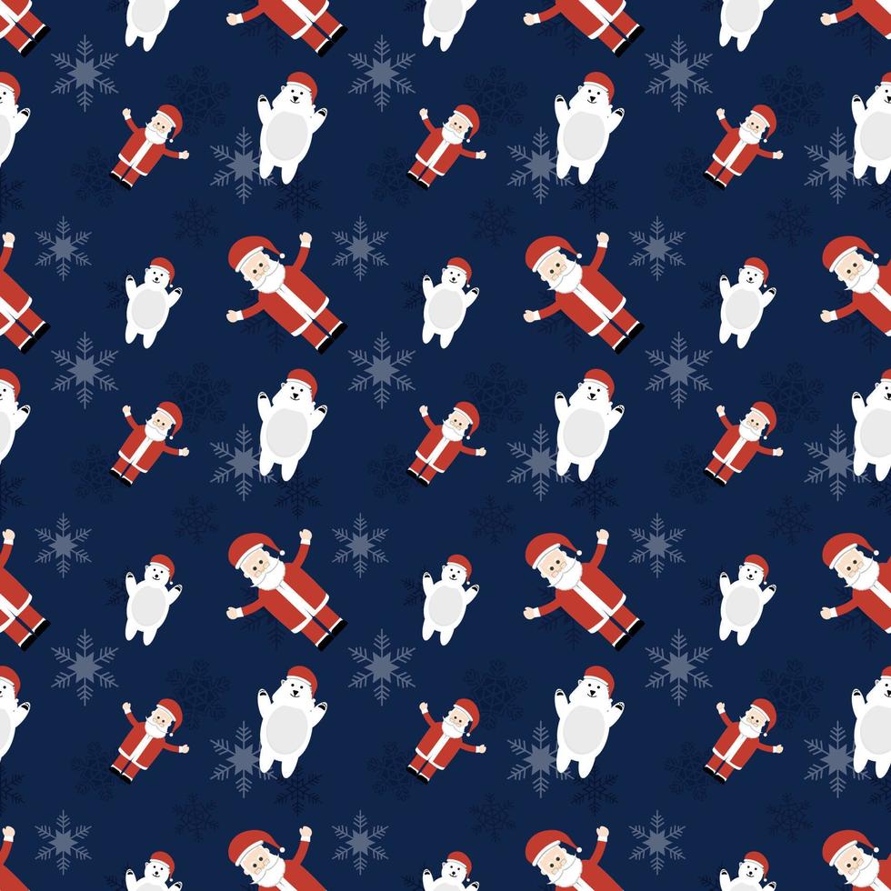 Santa Claus, Polar Bear  and Snowflakes vector repeat pattern, Hand drawn Christmas repeat pattern for  background, wallpaper, gift wrapper, textile, packaging, banner.