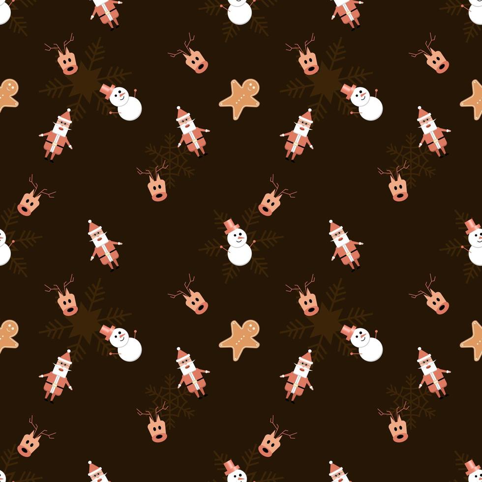 Gingerbread man, Santa Claus, snow man with hat and deer vector object with rounded corner seamless pattern background. Best for winter holiday fabric, giftwrap, scrapbook, greeting cards design.