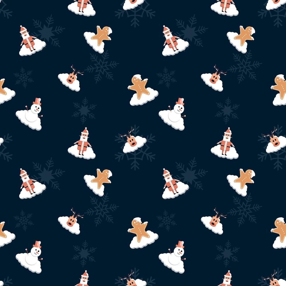 snow covered Santa Claus, Ginger Bread Man, Deer head, snowman, snowflake seamless repeat pattern for packaging, textile, gift cover, background for Christmas design project. vector