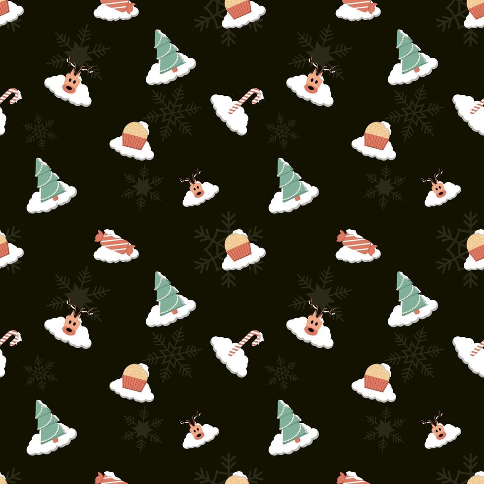 cabeza de venado cubierto de nieve, cupcake, árbol de Navidad, caramelo, bastón de caramelo, patrón de repetición sin fisuras de copos de nieve para embalaje, textil, funda de regalo, fondo para proyecto de diseño navideño. vector