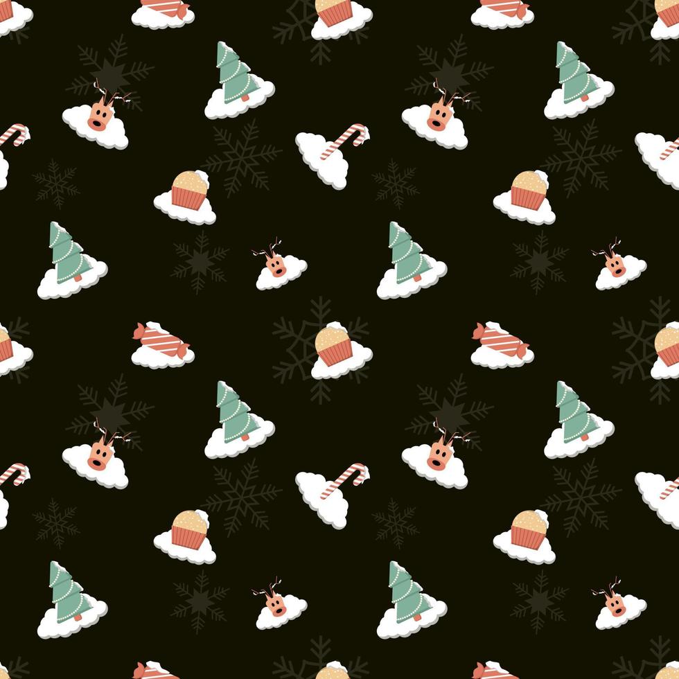 snow covered Deer Head, cupcake, Christmas tree, candy, candy cane, snow flake seamless repeat pattern for packaging, textile, gift cover, background for Christmas design project. vector