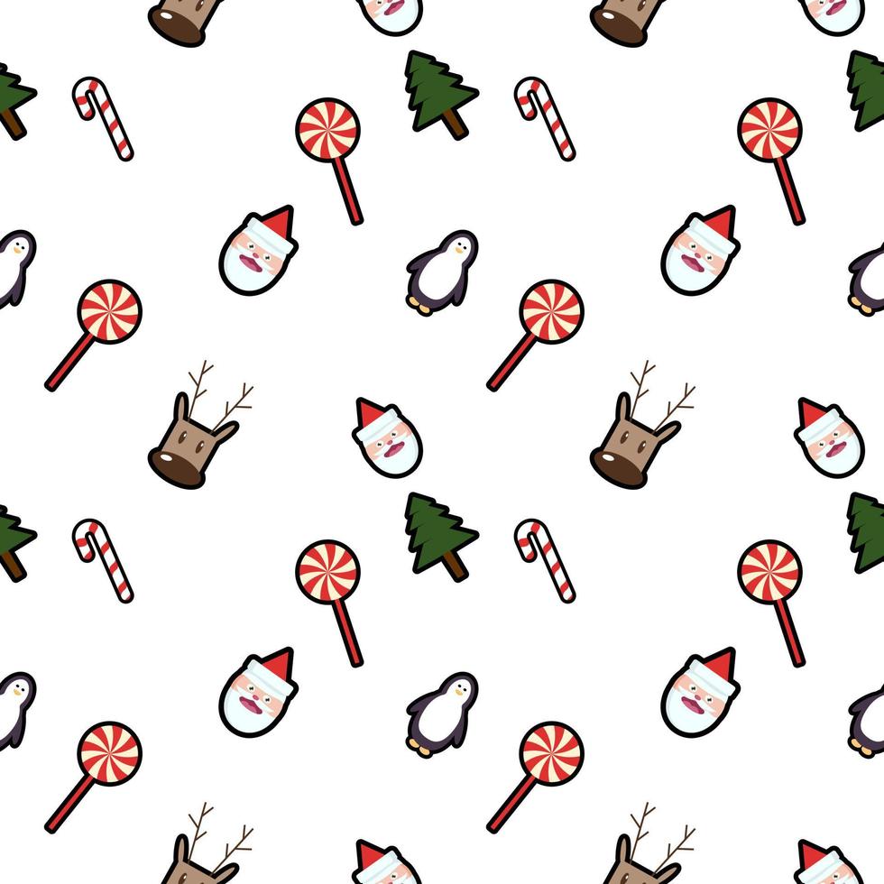 lollipop, Santa Claus head, deer head, penguin, candy cane, Christmas tree seamless pattern background. Perfect for winter holiday fabric, giftwrap, scrapbook, greeting cards design projects. vector