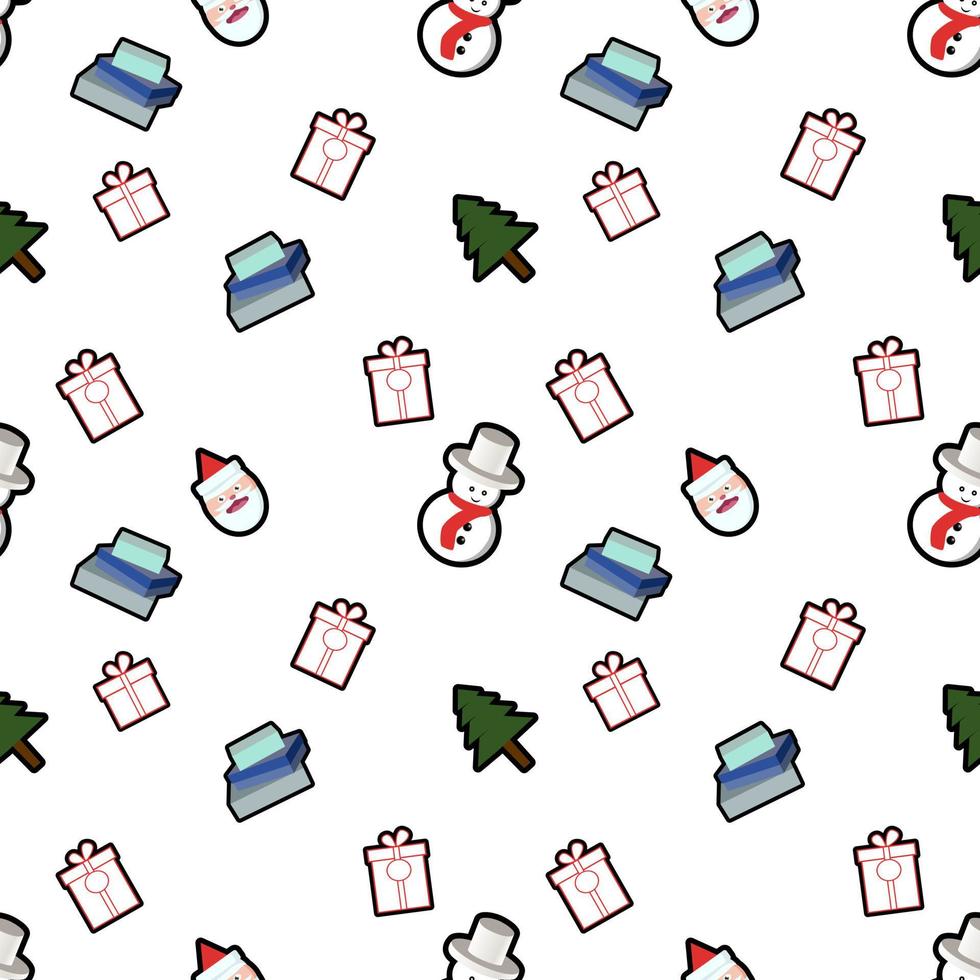 gift box, present box set, snowman, Santa head, Christmas tree seamless pattern background. Perfect for winter holiday fabric, giftwrap, scrapbook, greeting cards design projects. vector