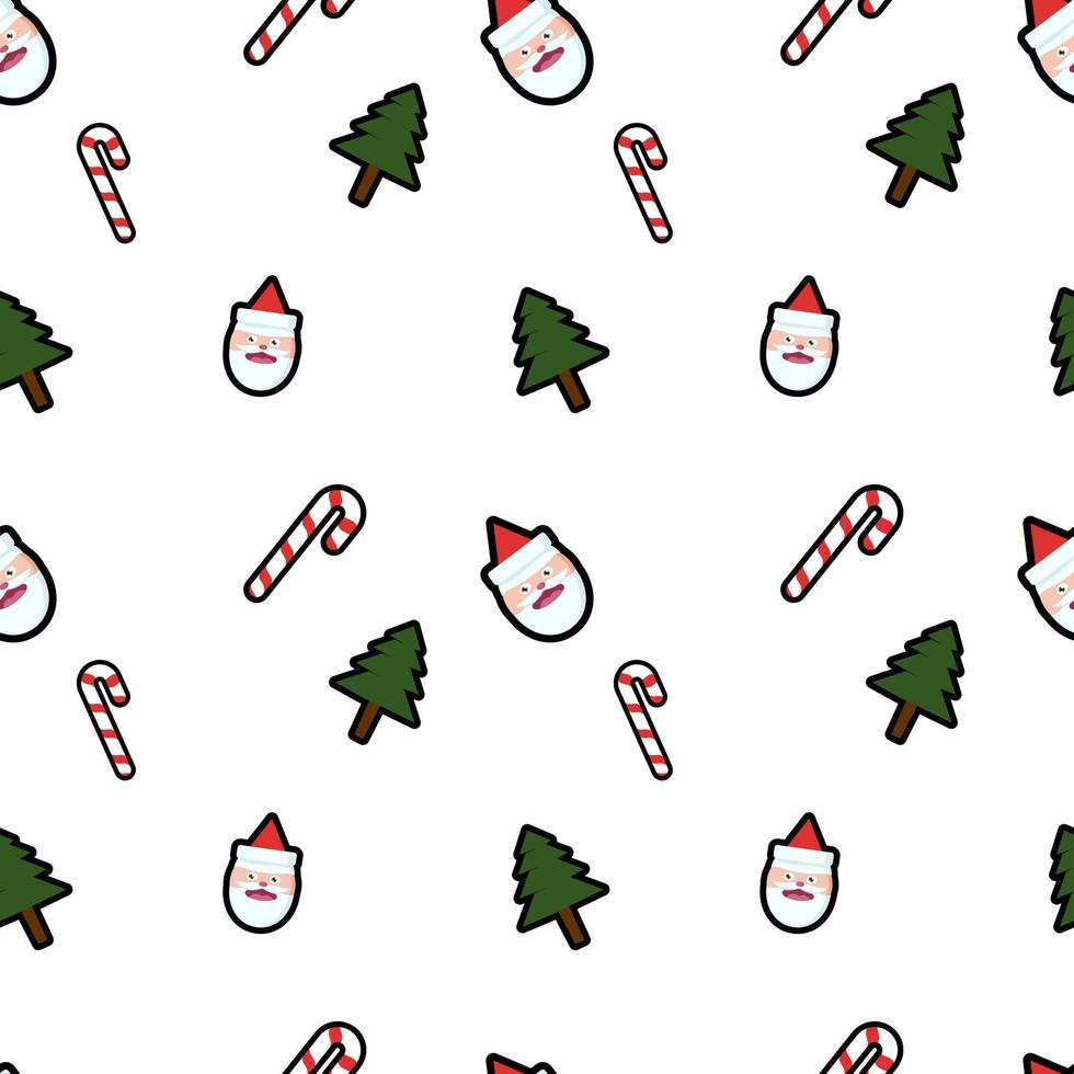 Christmas tree, Santa head, Candy cane seamless pattern background. Perfect for winter holiday fabric, giftwrap, scrapbook, greeting cards design projects. vector