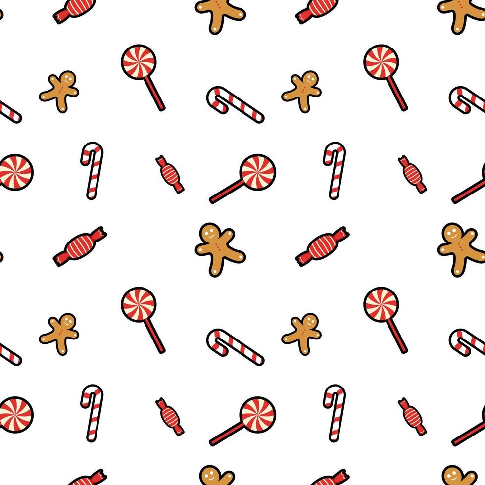 lollipop, gingerbread man, candy cane, candy, sweet seamless pattern background. Perfect for winter holiday fabric, giftwrap, scrapbook, greeting cards design projects. vector