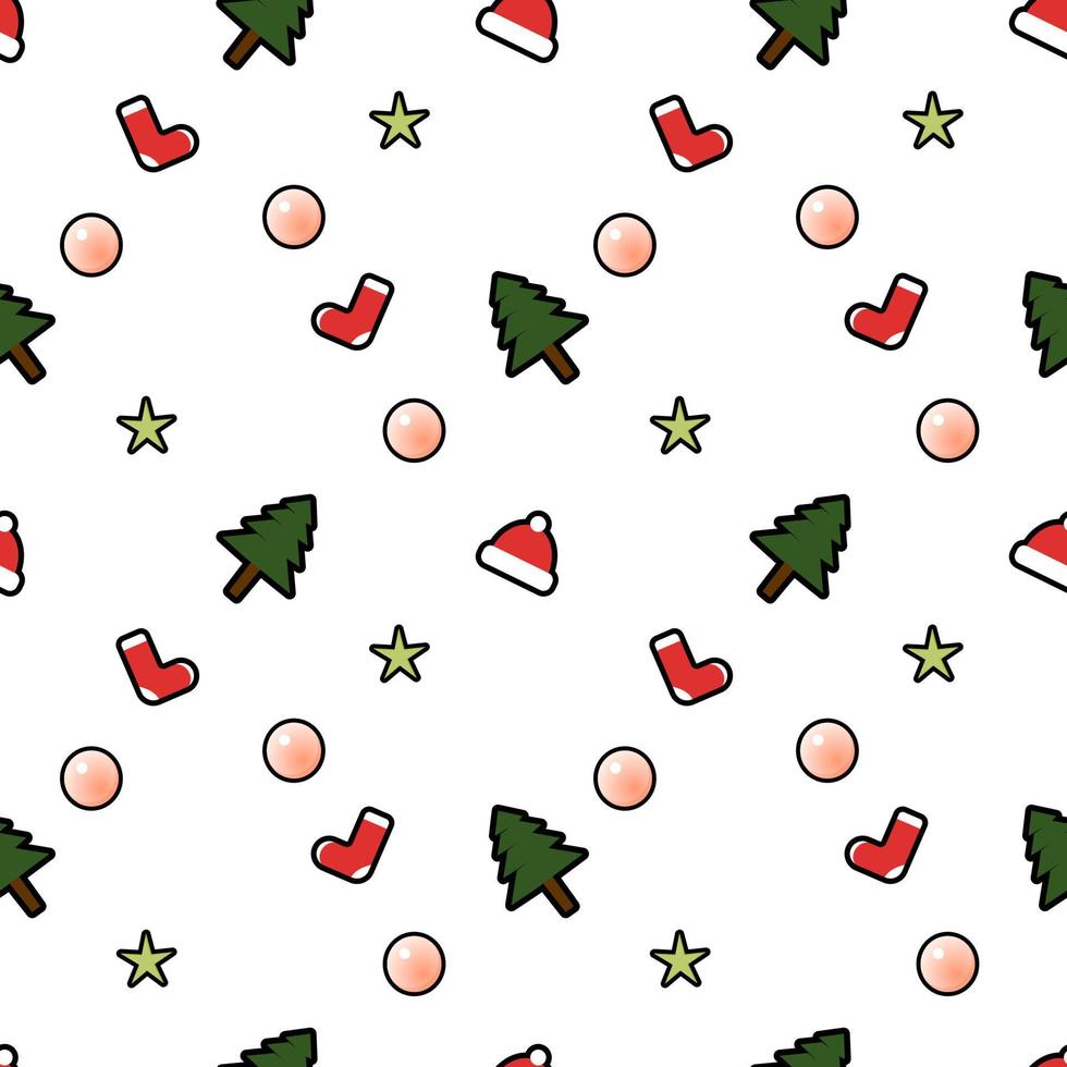 Christmas tree, decorative ball, stars, hat, socks seamless pattern background. Perfect for winter holiday fabric, giftwrap, scrapbook, greeting cards design projects. vector