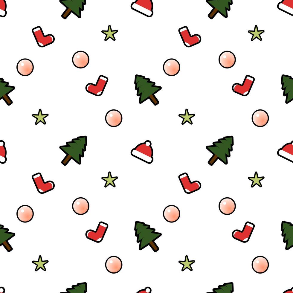 Christmas tree, decorative ball, stars, hat, socks seamless pattern background. Perfect for winter holiday fabric, giftwrap, scrapbook, greeting cards design projects. vector