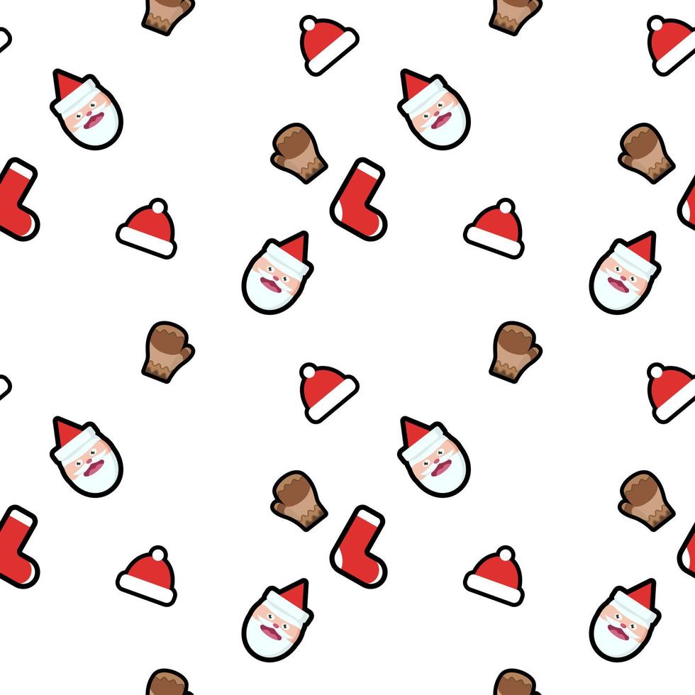 Santa Head with hat, glove, hat, socks, seamless pattern background. Perfect for winter holiday fabric, giftwrap, scrapbook, greeting cards design projects. vector
