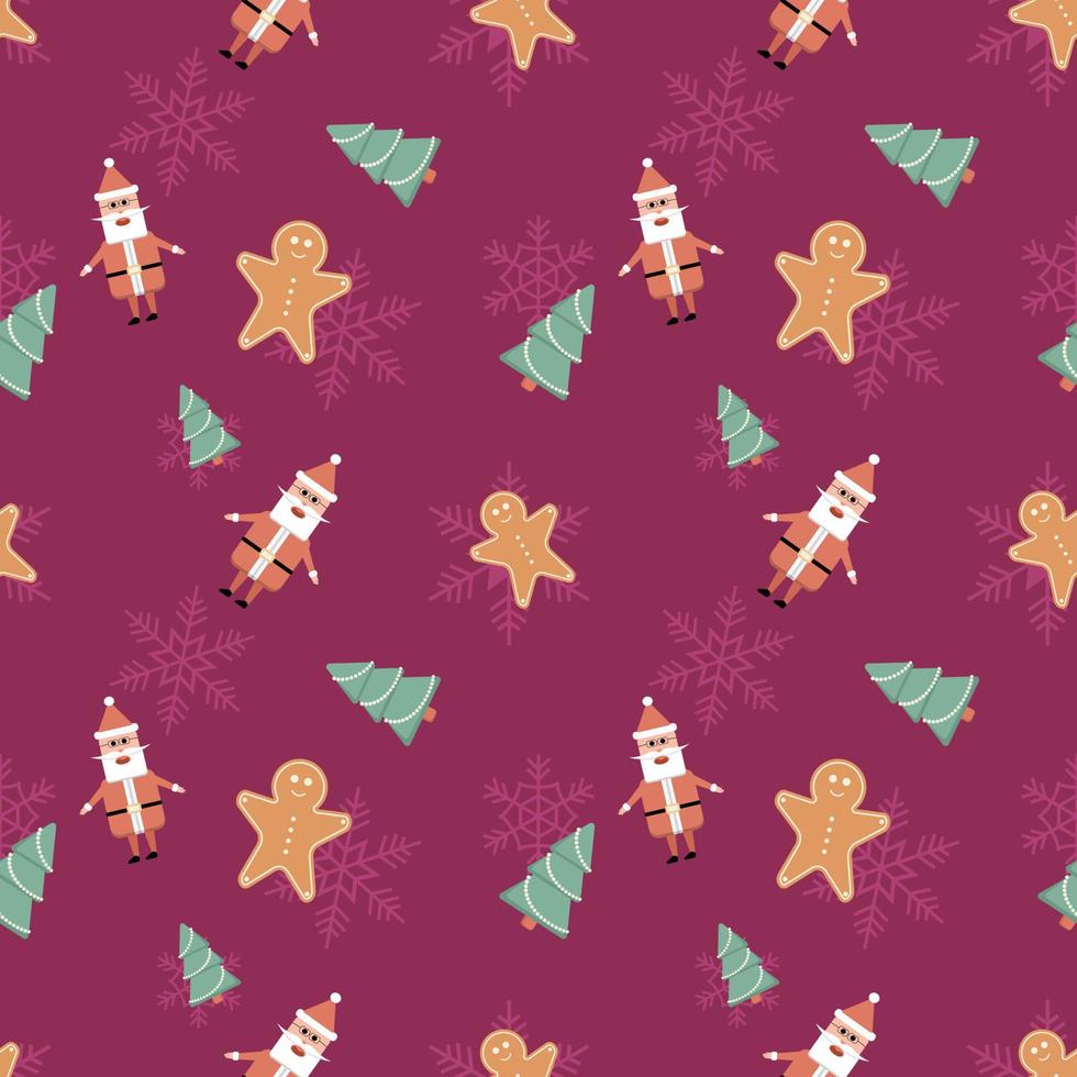 Hombre de pan de jengibre, árbol de Navidad y objetos de Papá Noel en el fondo de patrón transparente de tema de esquina redondeada. lo mejor para telas de vacaciones de invierno, papel de regalo, álbumes de recortes, proyectos de diseño de tarjetas de felicitación. vector