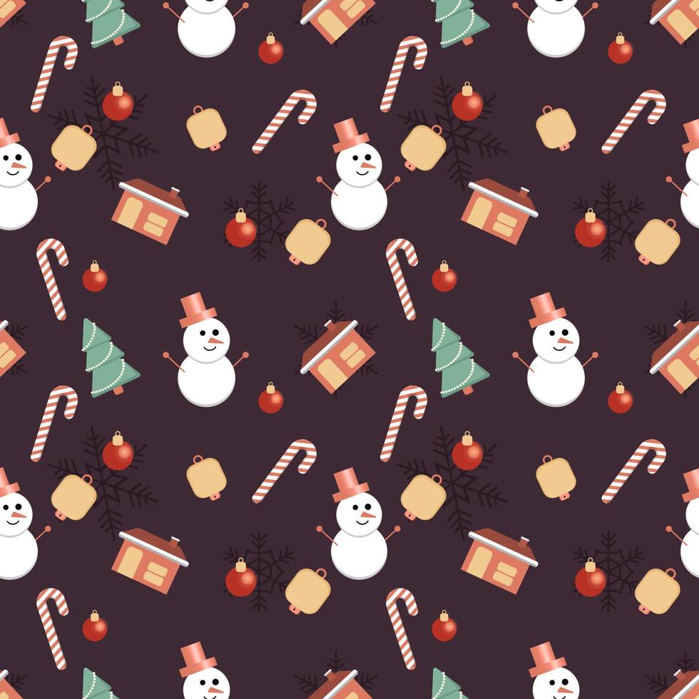 Christmas tree, house with chimney, snowman, decorative ball, candy cane, bell seamless pattern background. Best for winter holiday fabric, giftwrap, scrapbooking, greeting cards design projects. vector