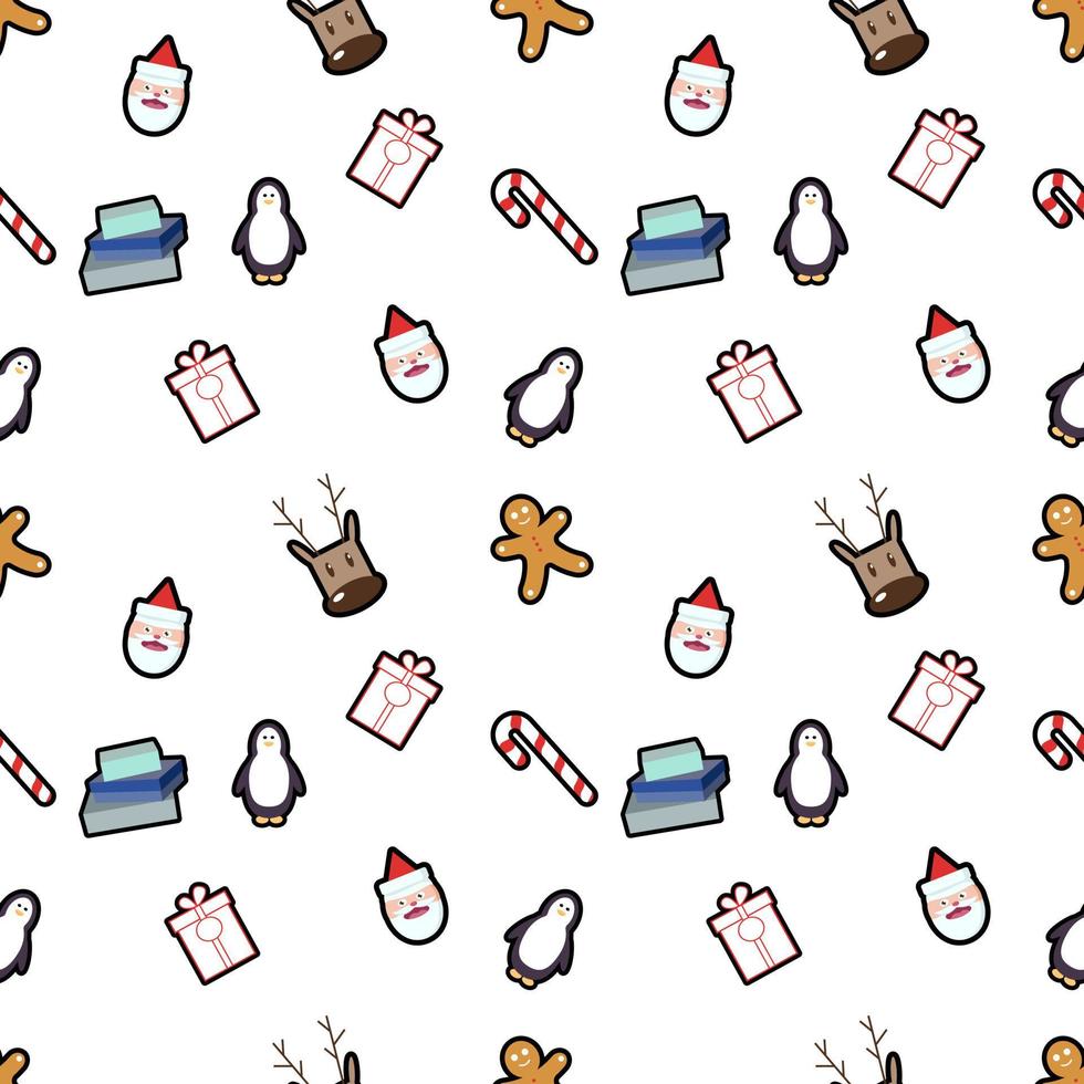 gingerbread man, deer head, gift box, penguin, candy cane, present box, Santa head seamless pattern background. Perfect for winter holiday fabric, giftwrap, scrapbook, greeting cards design projects. vector