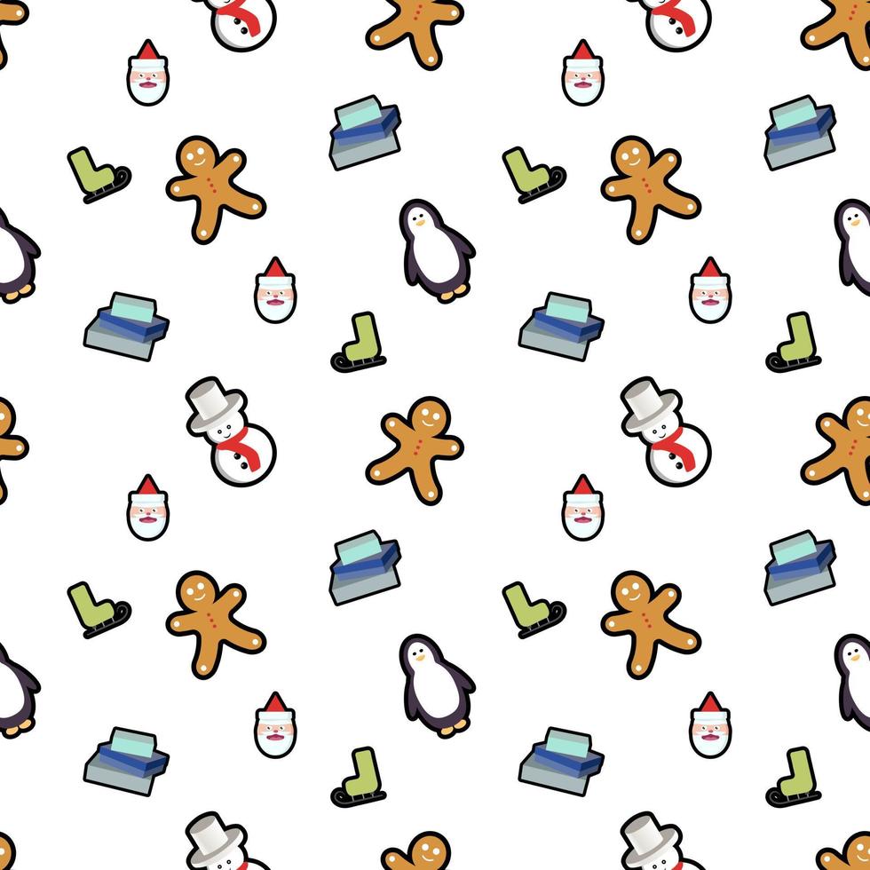 gingerbread man, penguin, gift box, ski skates, Santa Claus head, snow man seamless pattern background. Perfect for winter holiday fabric, giftwrap, scrapbook, greeting cards design projects. vector