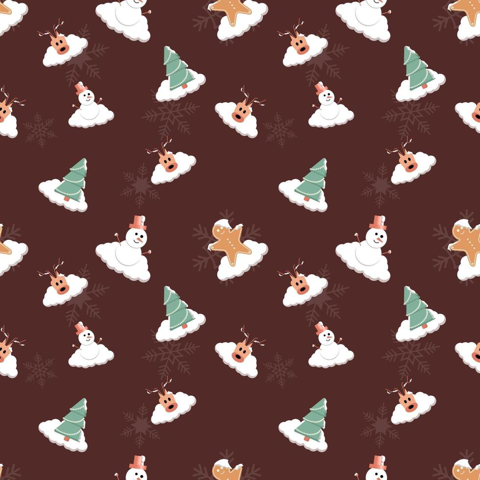 snow covered gingerbread, deer head. Christmas tree and Snowman vector in snow covered theme seamless repeat pattern for packaging, textile, gift cover, background for Christmas design project