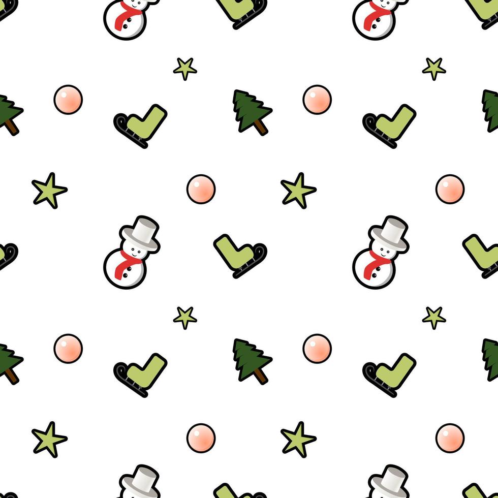 Ski skates, decorative ball, stars, Christmas tree, stars, snowman seamless pattern background. Perfect for winter holiday fabric, giftwrap, scrapbook, greeting cards design projects. vector