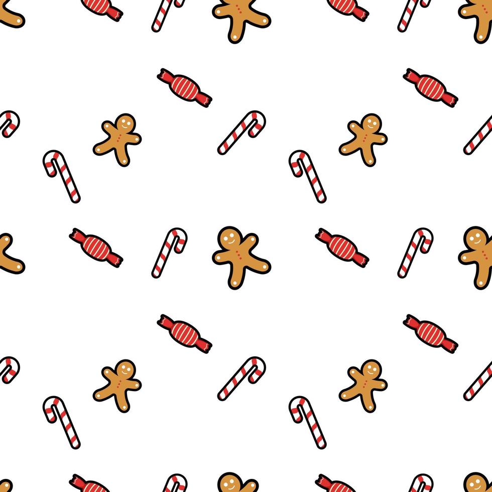 Candy cane, gingerbread man, candy, sweet seamless pattern background. Perfect for winter holiday fabric, giftwrap, scrapbook, greeting cards design projects. vector