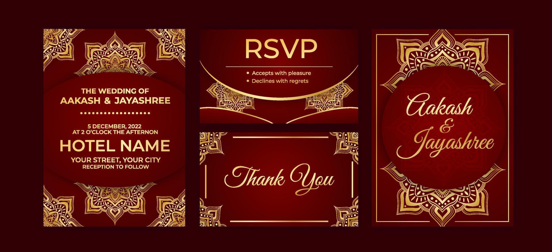 conjunto de plantilla de invitación de boda india roja vector