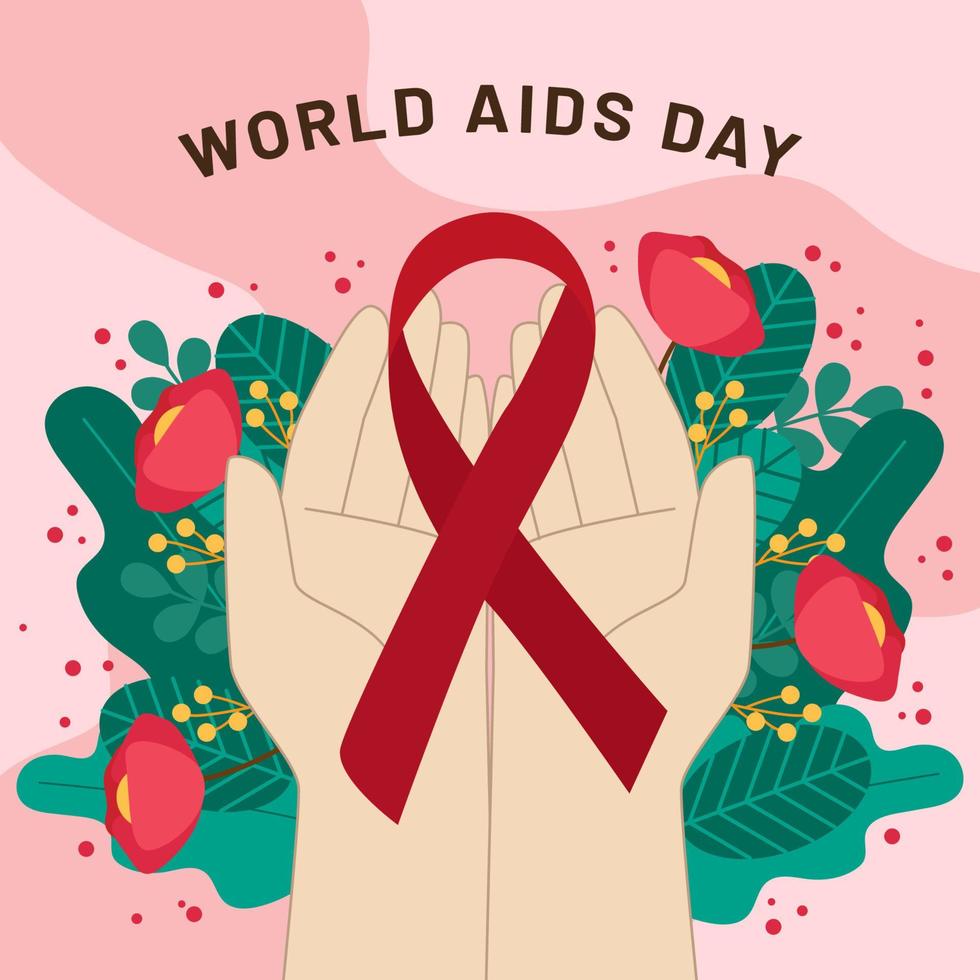 Red Ribbon on Hands with World AIDS Day Design Concept vector
