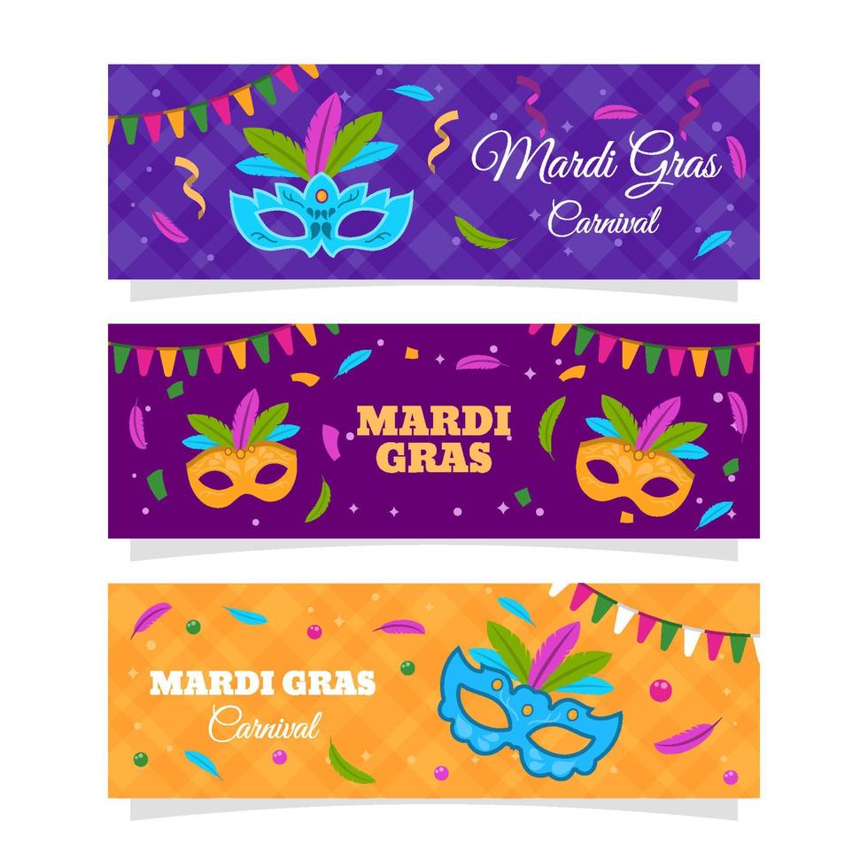 colección de banner de máscara de mardi gras de colores planos vector