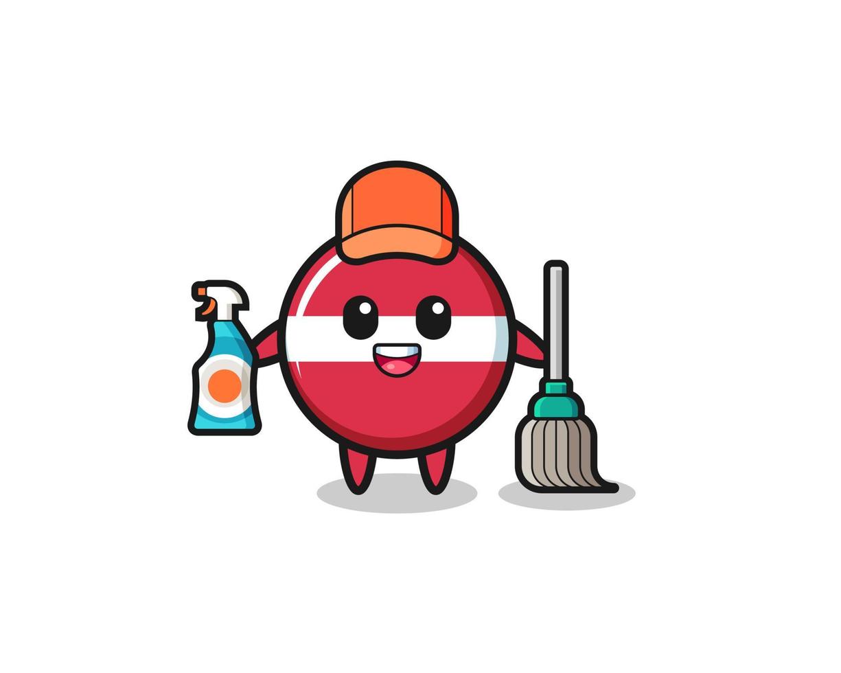 Lindo personaje de la bandera de Letonia como mascota de los servicios de limpieza vector