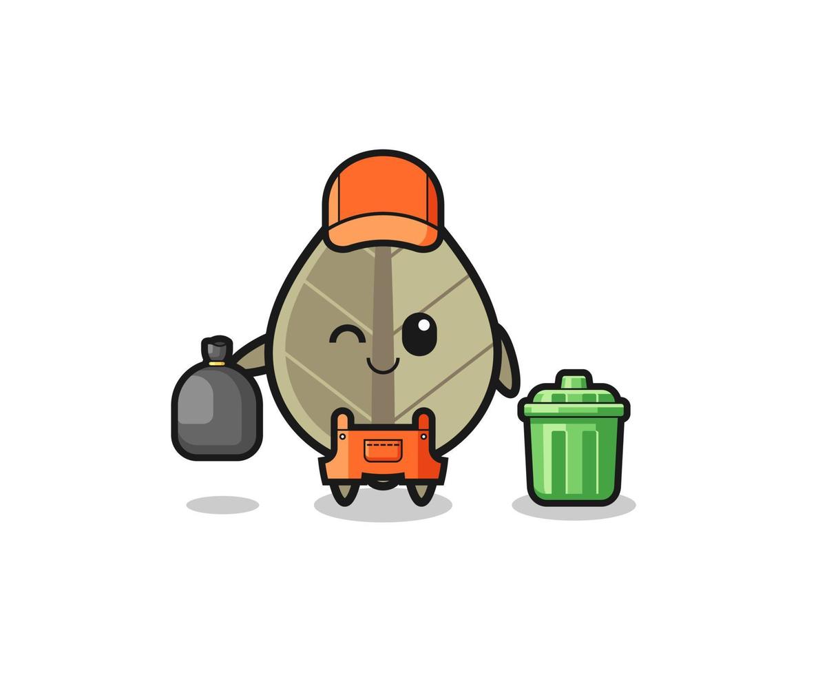 the mascot of cute dried leaf as garbage collector vector