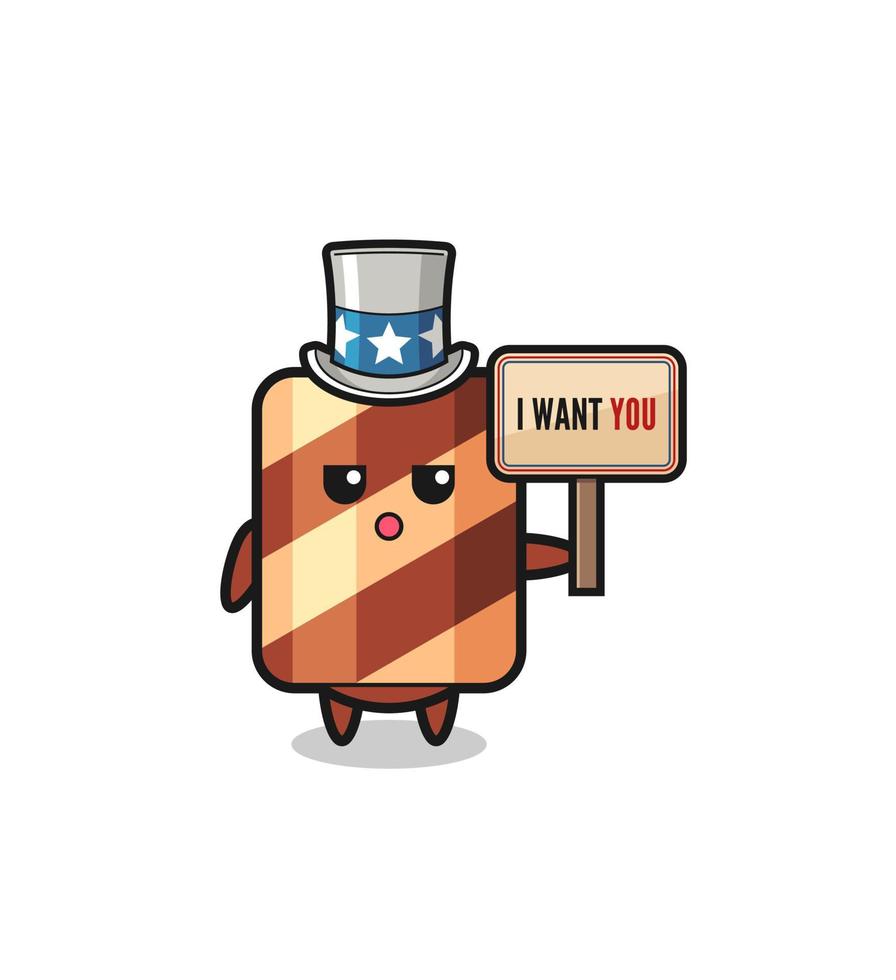 wafer roll cartoon as uncle Sam holding the banner I want you vector