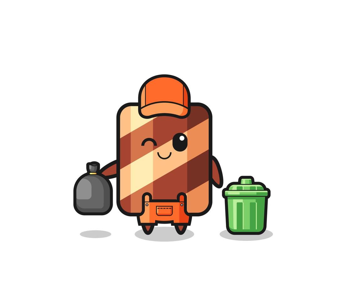 the mascot of cute wafer roll as garbage collector vector