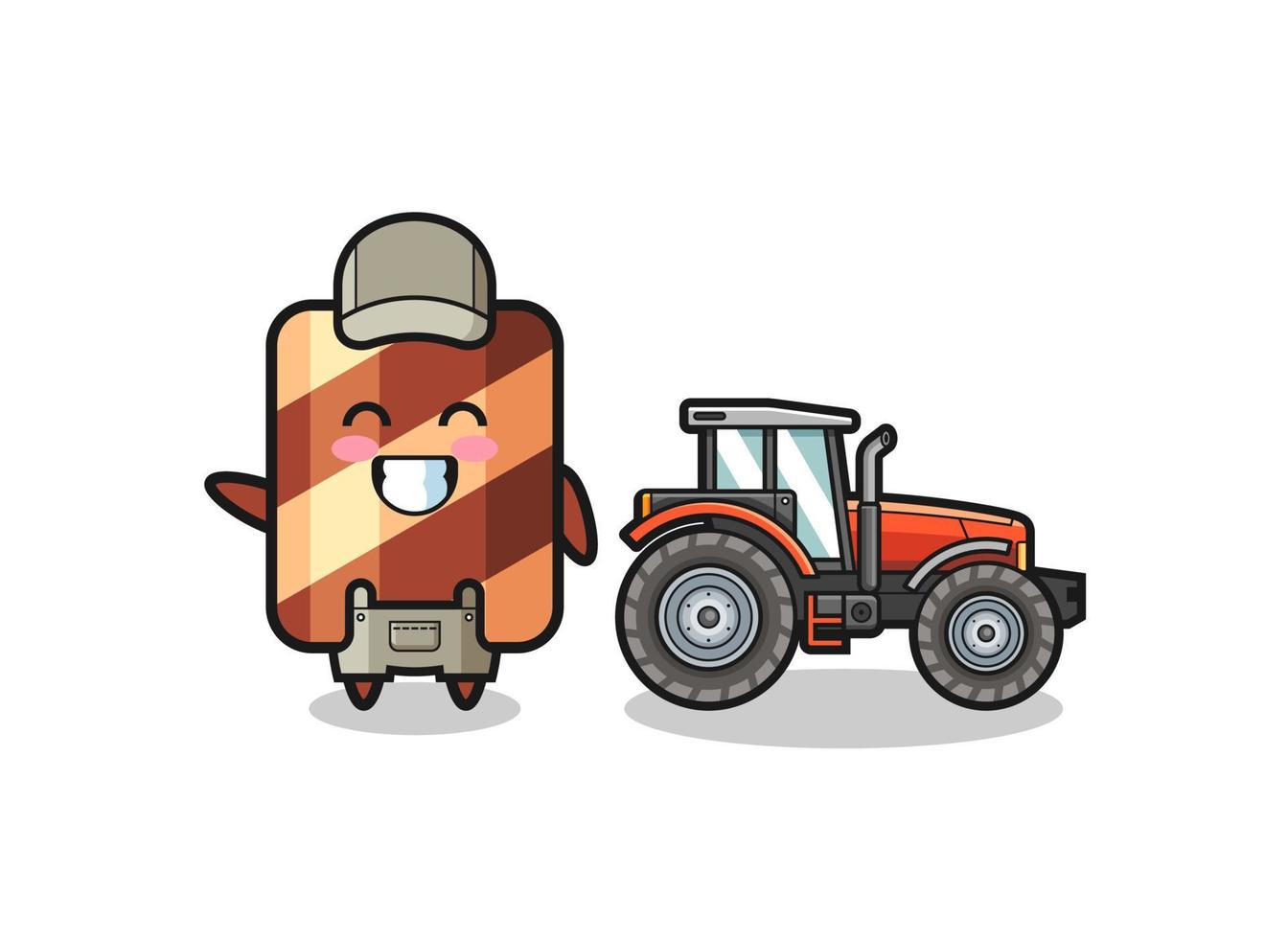 the wafer roll farmer mascot standing beside a tractor vector