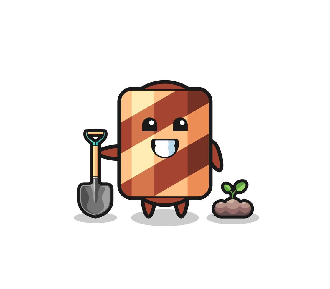 cute wafer roll cartoon is planting a tree seed vector