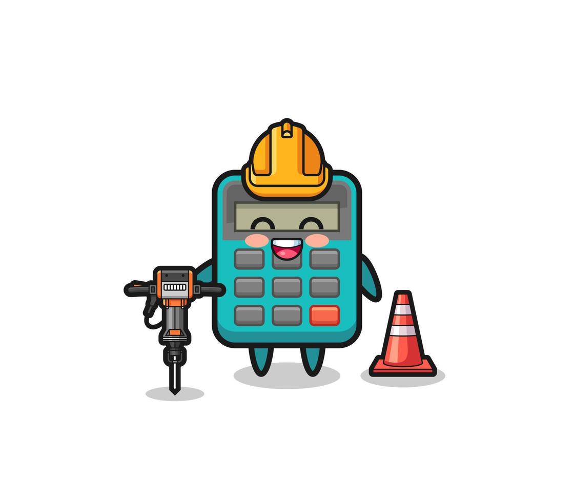 road worker mascot of calculator holding drill machine vector